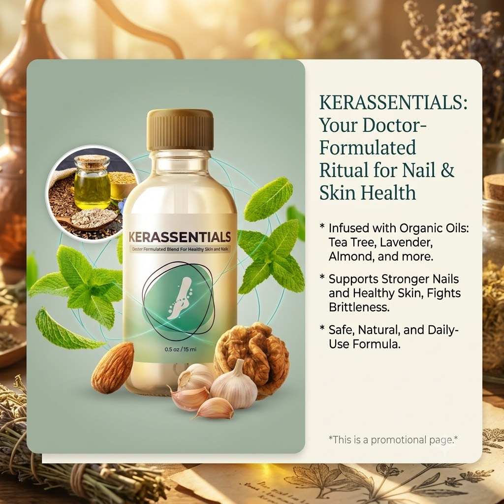 Kerassentials product bottle with botanical ingredients and promotional information